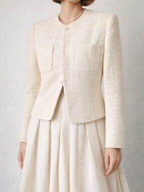 Vintage 90s Womens Tweed Cream Blazer Size 16 Classic Old Money Wool